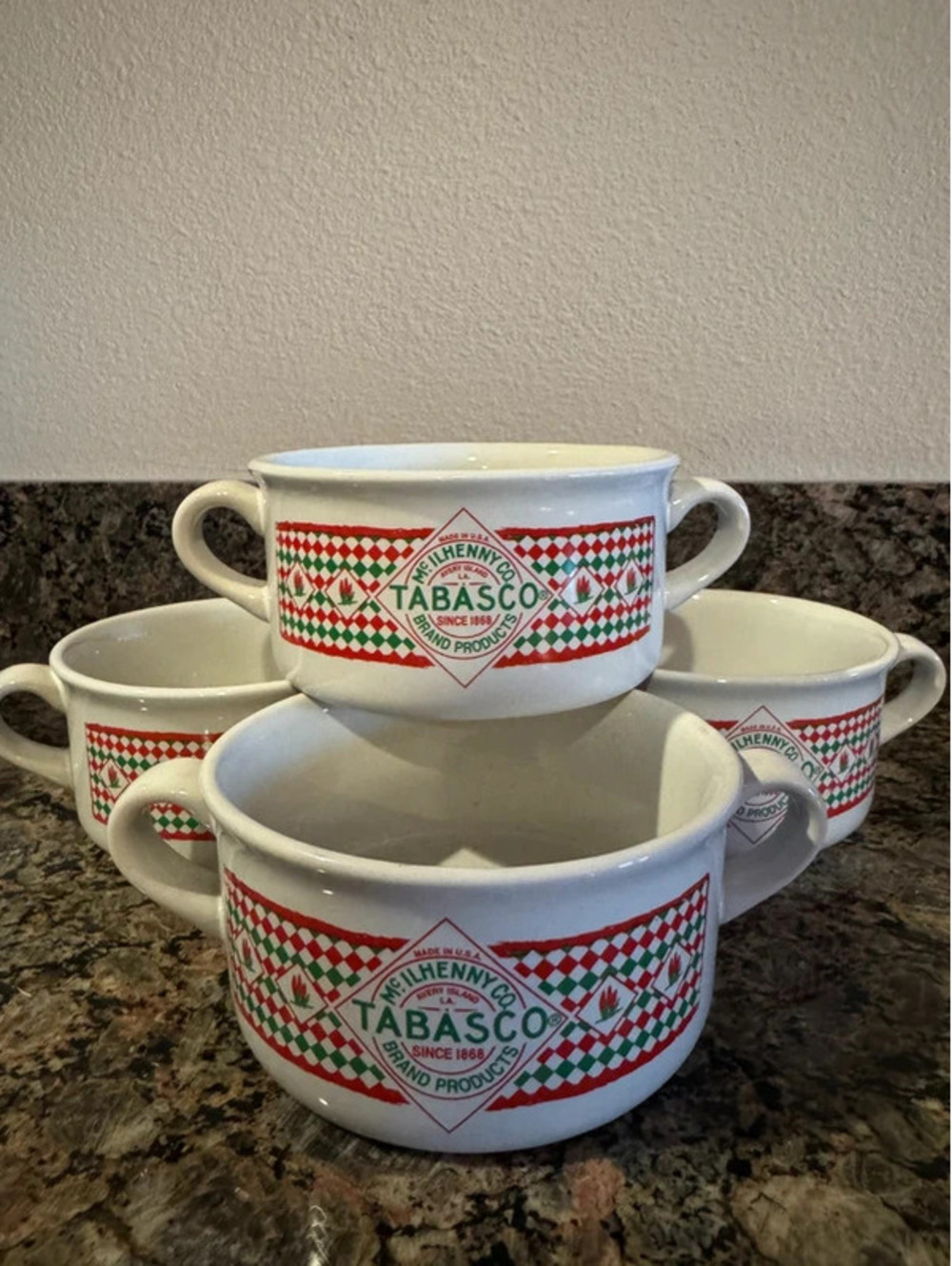Set of 4 Vintage Tabasco double-handled ceramic soup made by Houston Harvest